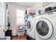 Functional laundry room equipped with modern washer, dryer, and storage shelves at 207 Jamestown Ave, Jonesboro, GA 30236