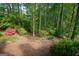 View of a peaceful backyard featuring mature trees and colorful shrubs creating a serene outdoor space at 1270 Tribble Walk Ct, Lawrenceville, GA 30045