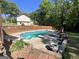 Enjoy this backyard pool area, surrounded by a wooden fence decorated with whimsical butterflies and other designs at 96 Daniel Ct, Mcdonough, GA 30253