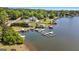 Aerial view of a lakefront property with a private dock, mature trees, and a swimming pool at 3222 Bay View Dr, Jonesboro, GA 30236