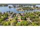Aerial view showcasing homes with pools in a lush green neighborhood near a lake at 3222 Bay View Dr, Jonesboro, GA 30236