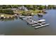 Aerial view of a private boat dock on the water, featuring multiple boat slips and a sunny waterfront setting at 3222 Bay View Dr, Jonesboro, GA 30236