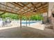 Covered stamped concrete patio overlooks backyard pool at 3222 Bay View Dr, Jonesboro, GA 30236