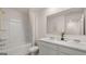 Clean bathroom featuring double sinks and a shower over tub combination at 350 Friendship Oak Way, Hampton, GA 30228