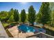 Elevated view of backyard showcasing pool, patio, and lake creating serene retreat at 325 Elderberry Trl, Fayetteville, GA 30214