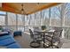 Relaxing screened porch featuring wood ceiling, fan, and comfortable seating arrangement overlooking a wooded area at 319 Corrigan Trce, Peachtree City, GA 30269