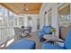 Cozy screened porch with comfortable blue seating and a ceiling fan, perfect for enjoying the outdoors at 319 Corrigan Trce, Peachtree City, GA 30269