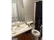Bathroom featuring a vanity, toilet, and shower with black and white curtain at 3464 Kingswood Trl, Decatur, GA 30034