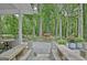Covered back porch with stone benches overlooking the private wooded backyard and additional cabin at 135 Adams Park Dr, Fayetteville, GA 30214