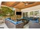 Covered outdoor living space with stone fireplace, tv, and comfortable seating at 204 Clear Springs Ln, Peachtree City, GA 30269