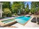 Backyard pool and hot tub with stone surround, lush greenery, and lounging area at 204 Clear Springs Ln, Peachtree City, GA 30269