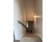 View down the staircase with carpeted steps, a handrail, and a wall sconce illuminating the way at 495 Mcgiboney Ln, Covington, GA 30016