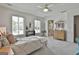 Bright bedroom with two windows, a ceiling fan, carpet, and an ensuite bathroom, creating a restful retreat at 780 Birkdale Dr, Fayetteville, GA 30215