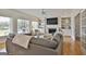 Cozy living room featuring a fireplace, built-in shelves, a comfortable gray sofa, and lots of light at 780 Birkdale Dr, Fayetteville, GA 30215