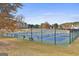 Multiple pickleball courts with blue and green surfaces are surrounded by a black fence and neighborhood landscaping at 780 Birkdale Dr, Fayetteville, GA 30215