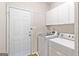 The laundry room is equipped with a washer, dryer, white cabinets, and access to an exterior door at 110 Cadmium Ct, Peachtree City, GA 30269