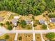 Aerial view showcasing neighborhood homes with backyard pools surrounded by lush trees at 220 Calli Ct, Mcdonough, GA 30252
