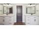 Bathroom featuring double sinks with dark countertops, white cabinets, and modern fixtures at 357 Old Driver Rd, Whitesburg, GA 30185
