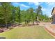 Lush backyard featuring a stone patio and mature trees, ideal for relaxing and enjoying the outdoors at 266 Blue Point Pkwy, Fayetteville, GA 30215
