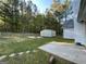 Backyard featuring a chain link fence, fire pit, shed, and a wood line at 127 Jenny Rd, Grantville, GA 30220