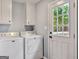 Practical laundry area featuring a modern washer, dryer, and exterior access at 72 S Bethany Rd, Mcdonough, GA 30252