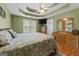 A bedroom features a queen bed, tray ceilings, wood floors, a window with blinds, and a television at 1112 Haver Ct, Mcdonough, GA 30252