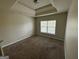 Neutral bedroom featuring carpeted floors, a tray ceiling, and a window providing natural light at 960 Spanish Moss Trl, Loganville, GA 30052