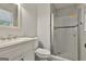 Bathroom with a walk-in shower, white cabinetry, and a modern sink at 269 Malone Cir, Fairburn, GA 30213