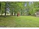 Large backyard featuring a playground and mature trees, ideal for Gathering fun at 215 Calgary Dr., Peachtree City, GA 30269