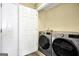 Laundry room with modern washer and dryer units next to a white door at 146 Calico Loop, Grantville, GA 30220