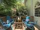 Outdoor deck with bright blue seating and a small table, perfect for outdoor relaxation at 160 Hialeah Way, Roswell, GA 30075