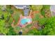 Aerial view of the backyard featuring an in-ground pool, patio, and lush landscaping at 105 Riviera Ct, Fayetteville, GA 30215