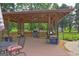 Outdoor gazebo featuring built-in seating, ceiling fan, and grill at 171 Wynn Dr, Hampton, GA 30228