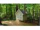 Small storage shed in a wooded backyard with surrounding trees and greenery at 139 Crown Forest Dr, Mcdonough, GA 30252