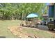 Backyard with stone patio, complete with an outdoor dining set and a built-in grill, great for entertaining guests at 1310 Yarborough Dr, Peachtree City, GA 30269