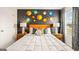 Eye-catching bedroom featuring a gray accent wall with solar system decals and neutral-toned furnishings at 146 Oakchase Park Lane, Hampton, GA 30228