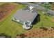 Aerial view of the back of house and backyard patio with a landscaped backyard at 2124 Gaddis Rd, Canton, GA 30115