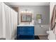 Bathroom with a blue vanity and shower behind a curtain at 75 Mcintosh Estates Dr, Sharpsburg, GA 30277
