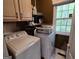Functional laundry room with washer, dryer, cabinets, and a window at 80 Jacksons Vly, Sharpsburg, GA 30277