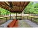 Outdoor back deck featuring wood flooring, railing, a comfortable orange sofa, and a ceiling fan at 5045 Rock Springs Rd, Lithonia, GA 30038