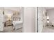 Neutral bedroom features a white bed frame, nightstand, and entry to bathroom at 326 Sound Cir # 119, Stockbridge, GA 30281