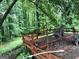 Backyard wooden deck with chair, surrounding mature trees, and wood railing at 275 Summertown Dr, Stockbridge, GA 30281
