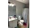Bathroom features a toilet, sink, mirror, shower with curtain, and laminate flooring at 275 Summertown Dr, Stockbridge, GA 30281