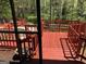 Wooden deck with railings overlooking backyard and pool area from screened porch at 275 Summertown Dr, Stockbridge, GA 30281