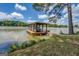 Covered dock with a boat lift on a tranquil lake setting with lush greenery and a clear, blue sky at 2000 Campbell Rd, Covington, GA 30014