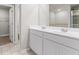 A bathroom with a double sink vanity with modern white cabinets and chrome faucets at 8069 Louis Dr, Locust Grove, GA 30248