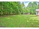 Large backyard with lush greenery and a storage shed in a wooded lot at 250 Kari Glen Dr, Fayetteville, GA 30215