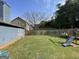 Large, well-maintained back yard with green grass, wooden fence and play set at 4092 River Mist Ct, Lithonia, GA 30038