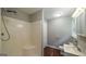 Bright bathroom featuring a walk-in shower, gray walls, and wood-look flooring at 292 S Prospect Ave, Waco, GA 30182
