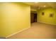Basement area with carpet, green walls, ceiling fan, and wooden storage cabinet at 105 Kellens Ct, Fayetteville, GA 30215